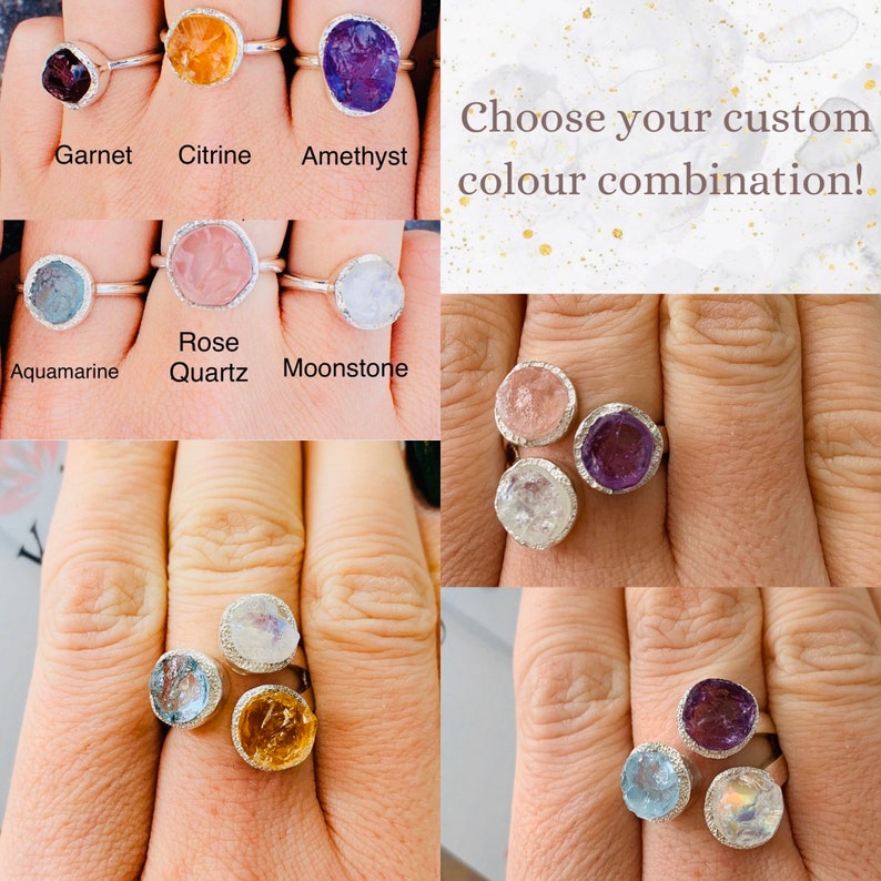 3 Stone Ring Raw Aquamarine Rose Quartz and Moonstone Etsy UK