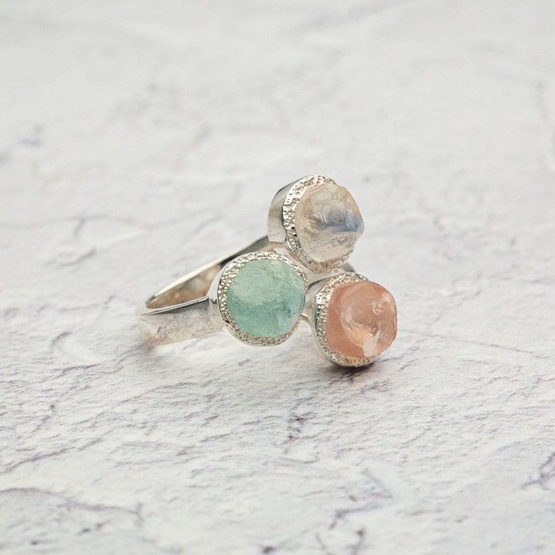3 Stone Ring Raw Aquamarine Rose Quartz and Moonstone Etsy UK