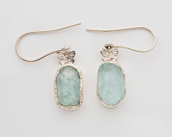 Raw Aquamarine earrings, silver earrings, raw stone earrings.