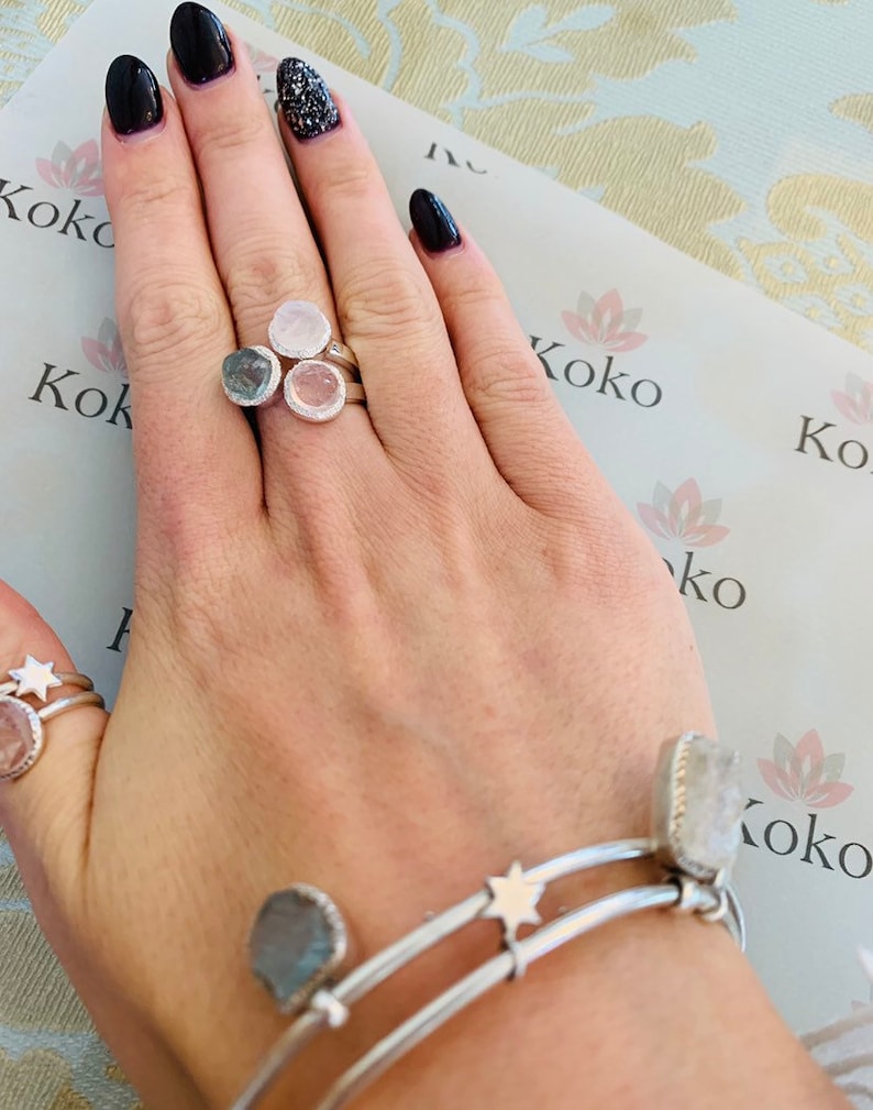 3 Stone Ring Raw Aquamarine Rose Quartz and Moonstone Etsy UK