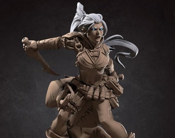 May include: A detailed figurine of a female warrior in a dynamic pose, holding a blade. She wears armor and boots, with a flowing cape and white hair. The figurine has a determined expression. The logo "Bite the Bullet" is at the bottom.