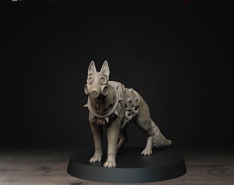 May include: A grey figurine of a dog wearing a gas mask and spiked armour. The dog is standing on a black circular base. The text "Bite the Bullet" and "Ashen Armies" are visible.