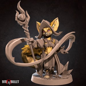 May include: A small, golden-furred, fox-like creature wearing a hooded robe and holding a staff with a glowing orb. The creature has pink eyes and a long, flowing tail. The figure is posed in a dynamic stance, with one hand raised and the other holding the staff. The figure is set against a dark background.