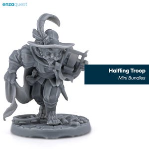 May include: A gray unpainted resin miniature figure of a halfling character wearing a wide-brimmed hat with a feather, holding a small stringed instrument, and standing on a circular base. The text "enzaquest" and "Halfling Troop Mini Bundles" appear.