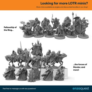 K&ouml;nnte beinhalten: Eine Sammlung grauer, unbemalter Fantasy-Miniaturfiguren, angeordnet in zwei Gruppen. Die obere Gruppe mit der Aufschrift Fellowship of the Ring zeigt verschiedene bewaffnete Charaktere. Die untere Gruppe mit der Aufschrift the forces of Mordor zeigt Reiter.