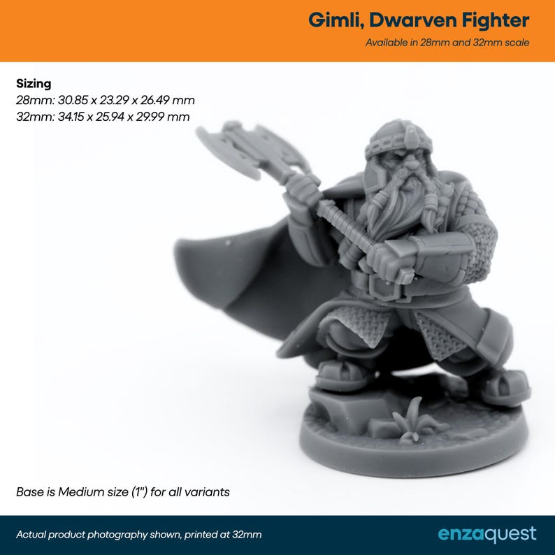 K&ouml;nnte beinhalten: Eine graue Miniaturfigur eines b&auml;rtigen Zwergenkriegers namens Gimli, der eine Doppelaxt h&auml;lt. Die Figur tr&auml;gt Kettenhemd, Helm und Umhang und steht auf einem runden Sockel. Die Ma&szlig;e sind 28mm: 30,85 x 23,29 x 26,49 mm und 32mm: 34,15 x 25,94 x 29,99 mm.
