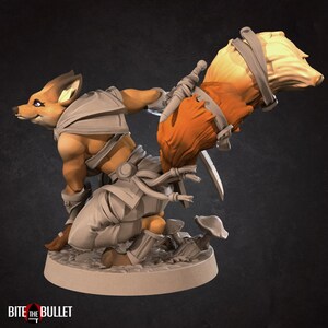 May include: A painted figurine of a fox-like creature with a long, bushy tail. The creature is wearing a white and brown outfit and is holding a sword in its right hand. The figurine is standing on a base with a mushroom.
