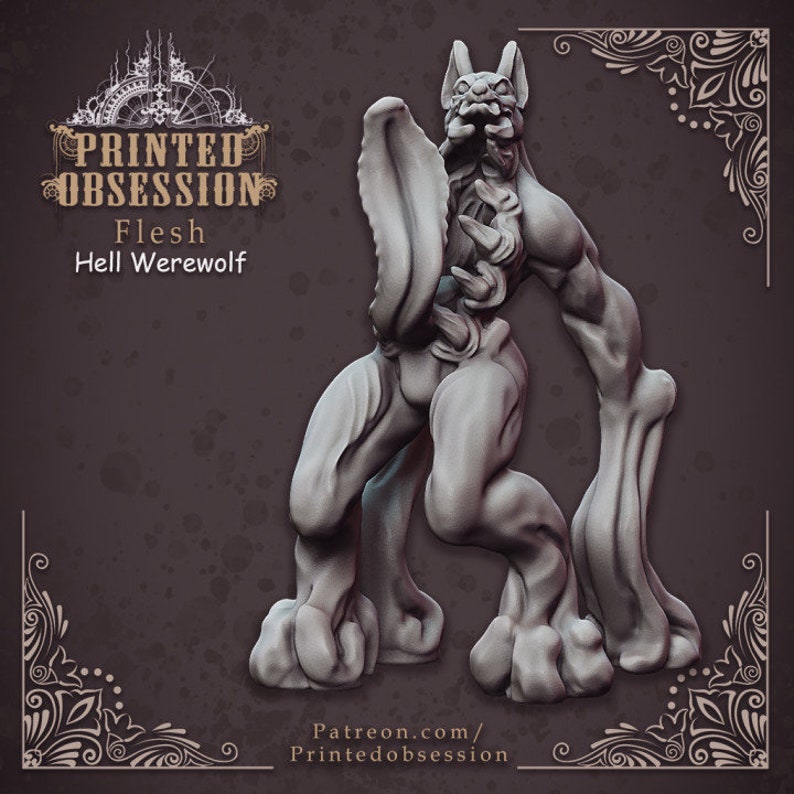Op de afbeelding: Een grijs, vlezig, humano&iuml;de wezen met een wolfachtig hoofd en een lange, dunne staart. Het wezen heeft een dreigende uitdrukking en lijkt in een roofdierhouding te staan. Het wezen is een 3D-geprint miniatuur.