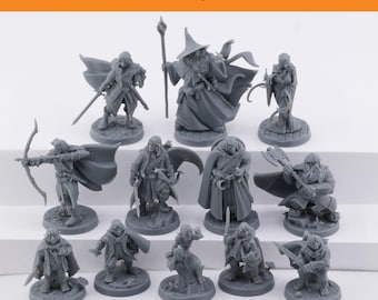 May include: A collection of eleven grey miniature fantasy figurines arranged in three rows. The text at the top reads Heroes of Middle Earth LOTR Fellowship Bundles, and the text at the bottom left reads enzaquest. Each figure depicts a character in dynamic poses with capes, weapons, and detailed clothing.