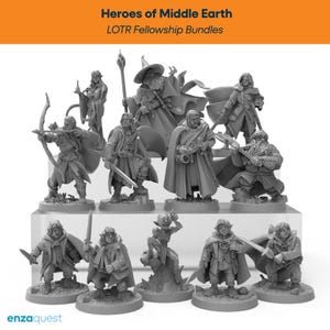 Puede incluir: Una colección de figuras de fantasía en miniatura de color gris que representan varios personajes en poses dinámicas, incluyendo arqueros, guerreros y pequeñas criaturas. El texto "Heroes of Middle Earth" y "LOTR Fellowship Bundles" aparece en la parte superior.