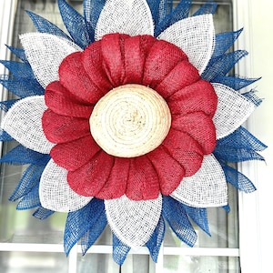 Patriottische zonnebloemkrans, rood, wit en blauw deurdecor, 4 juli-krans, Americana zomerkrans, krans van Labor Day, GRATIS VERZENDING