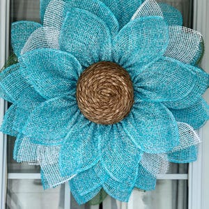 Blauwe en witte zonnebloemkrans, handgemaakte voordeurkrans, zomer- en herfstdecor, seizoensdecor, GRATIS VERZENDING, handgemaakt, welkomstkrans