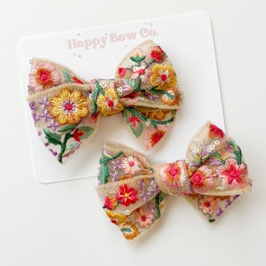 Floral Daisy Colorful Girls Embroidered Hair Bow, Baby Headband, Gift for Girls, Formal Hair Bow