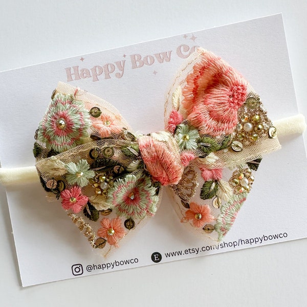 Pear Bear Beautiful flower print bowie with pearl strings
