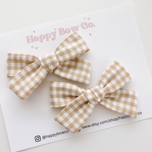 Tan & White Gingham Plaid Pigtail Bows, Hair Bows, Neutral Hair Bow Set, Newborn Hair Bows, Toddler Bows, Gift for Girls, Baby Shower Gift