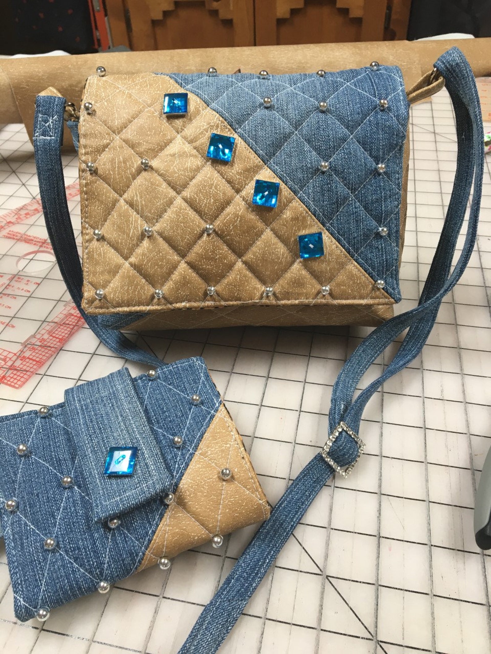 Denim and vinyl shoulder bag with beading Etsy