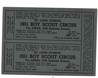 1951 BOY SCOUTS Pair of Unused Circus Tickets at The Arena, St. Louis Mo. Council Vintage Scouting