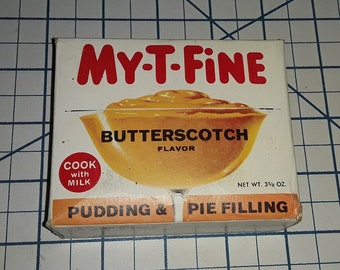 1960s Full MY-T-FINE Butterscotch Flavor Pudding & Pie Filling Box Nos Vintage Gelatin Advertising Great Graphics Dessert