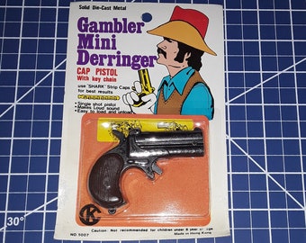 1970s CAP GUN Toy - On the Original Card - Gambler Mini Derringer Silver Solid Die-Cast Metal Vintage Antique