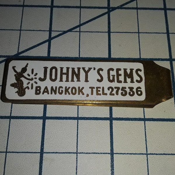 Vietnam War JOHNY'S GEMS Bangkok Thailand Money Clip - Souvenir Brass Metal Nam Vintage