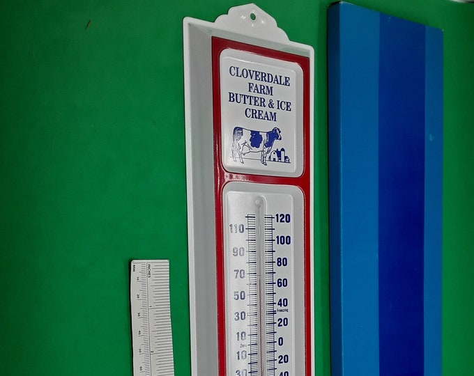 1980s CLOVERDALE FARM Butter & Ice Cream Outdoor Thermometer in Original Box NOS Metal