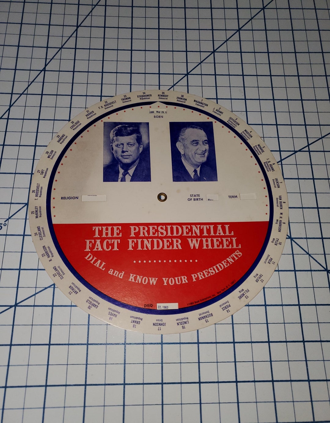 1963 President Fact Finder Cardboard Disc Wheel W/ John F. Kennedy and ...