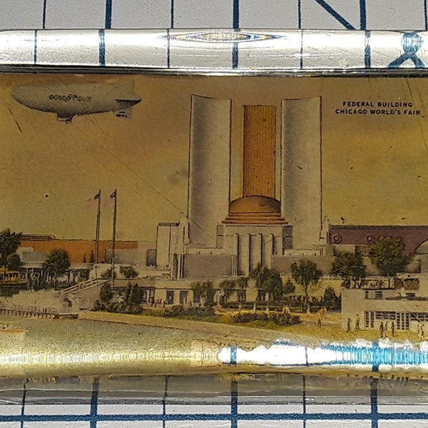 Presse-papiers en verre transparent épais, exposition universelle de 1933, avec dirigeable Goodyear, édifice fédéral, souvenir vintage