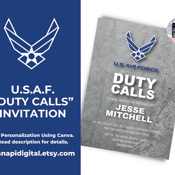 DUTY CALLS | US Air Force Invitation | Boot Camp, Graduation, Send Off, Welcome Home, Enlistment, Deployment Party | Canva Template