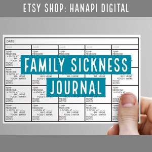 Può includere: Un diario di malattia familiare stampabile con un layout a griglia in bianco e nero. Il diario include colonne per data, nome, temperatura, medicine, somministrate a, movimenti intestinali, urina, cibo, acqua, umore e note.