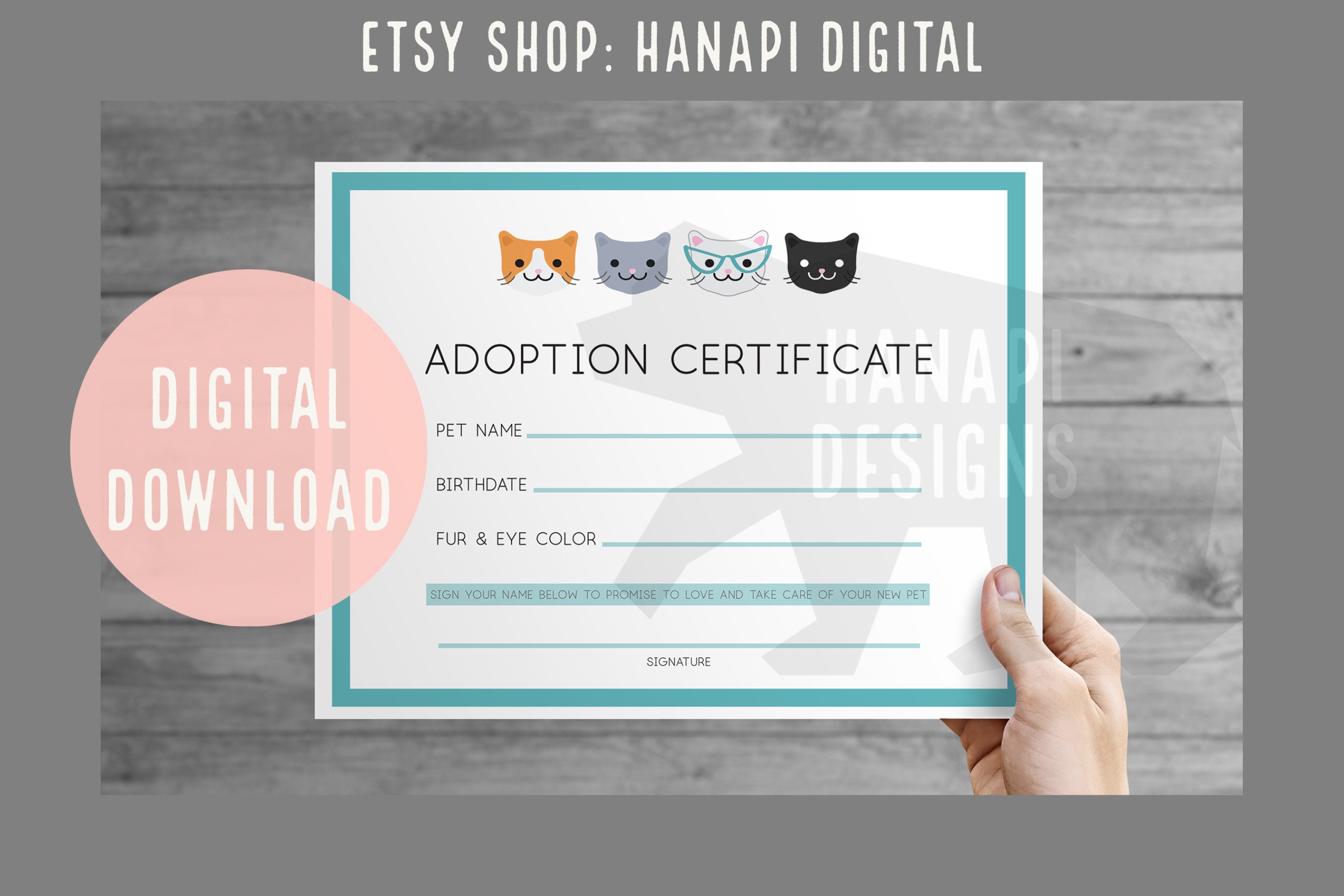 Kitty Kitten Cat Adoption Certificate Pet Animal Etsy