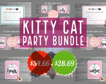 May include: A digital kitty cat party bundle featuring printable adoption certificates with cat icons, and activity signs labelled 'Adopt a Kitty', 'Make a Collar', and 'Decorate a House' in pink and white polka dot patterns with black text.