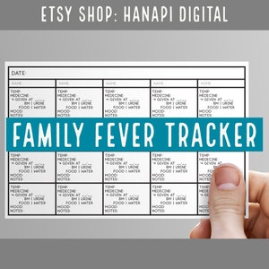 Può includere: Un grafico di tracciamento della febbre familiare stampabile con un design in bianco e nero. Il grafico include sezioni per registrare la temperatura, i farmaci somministrati, le feci, l'urina, il cibo, l'acqua, l'umore e le note. Il grafico è etichettato "Tracciamento della febbre familiare".