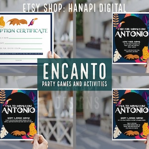 May include: Four printable party game cards featuring a jungle theme with toucans, jaguars, and leaves. The text on the cards reads "Talk to Animals Like Antonio", "Adopt a Jungle Animal", "Care for Animals Like Antonio", and "Adoption Certificate".