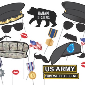 May include: A set of 10 printable photo booth props with a military theme. The props include a black hat, sunglasses, a pipe, a camouflage hat, a mustache, a red lip, a US Army banner, a medal, and an American flag. The props are perfect for a military-themed party or event.