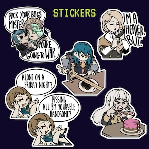 May include: A collection of cartoon stickers featuring characters with speech bubbles. The text includes phrases like "Pack your bags mister, you're going to war" and "I'm a healer, but..." The stickers have a dark blue background.
