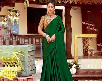 Plain Satin Saree in Bottle Green Colour with Contrast Blouse