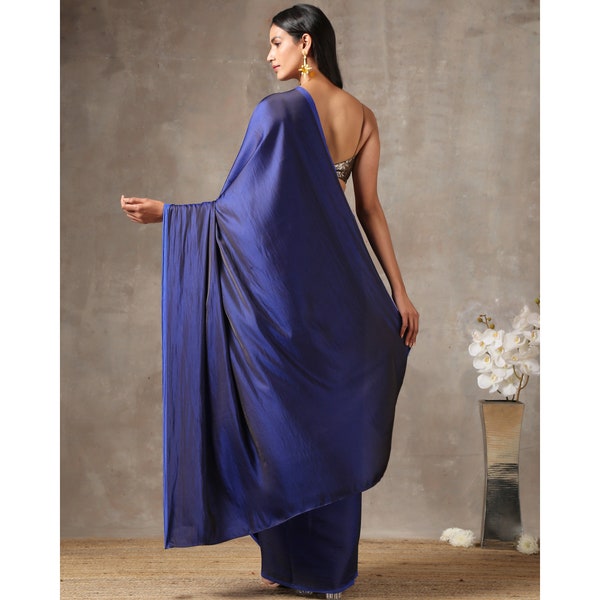 Navy Blue Plain Silk Saree With Custom Blouse Options