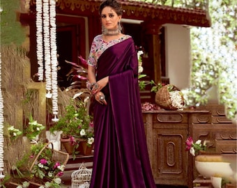 Plain Satin Saree in Wine Colour with Contrast Blouse