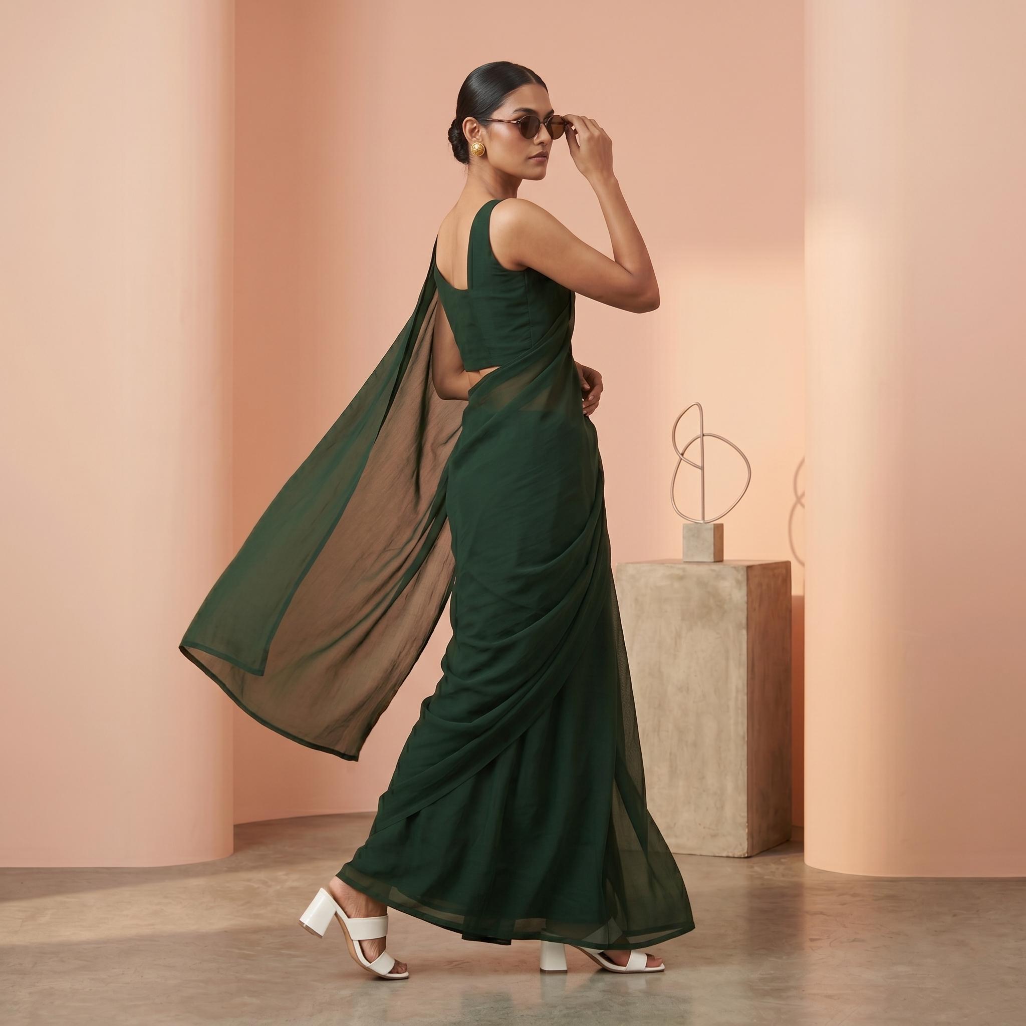 Plain Chiffon Sarees in Dark Green with Blouse and Ready to Wear