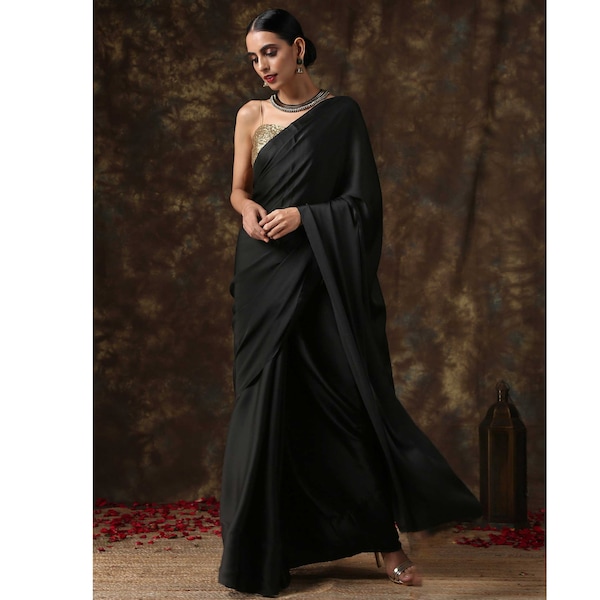 Plain  Silk Soft Silk Saree in Black Colour