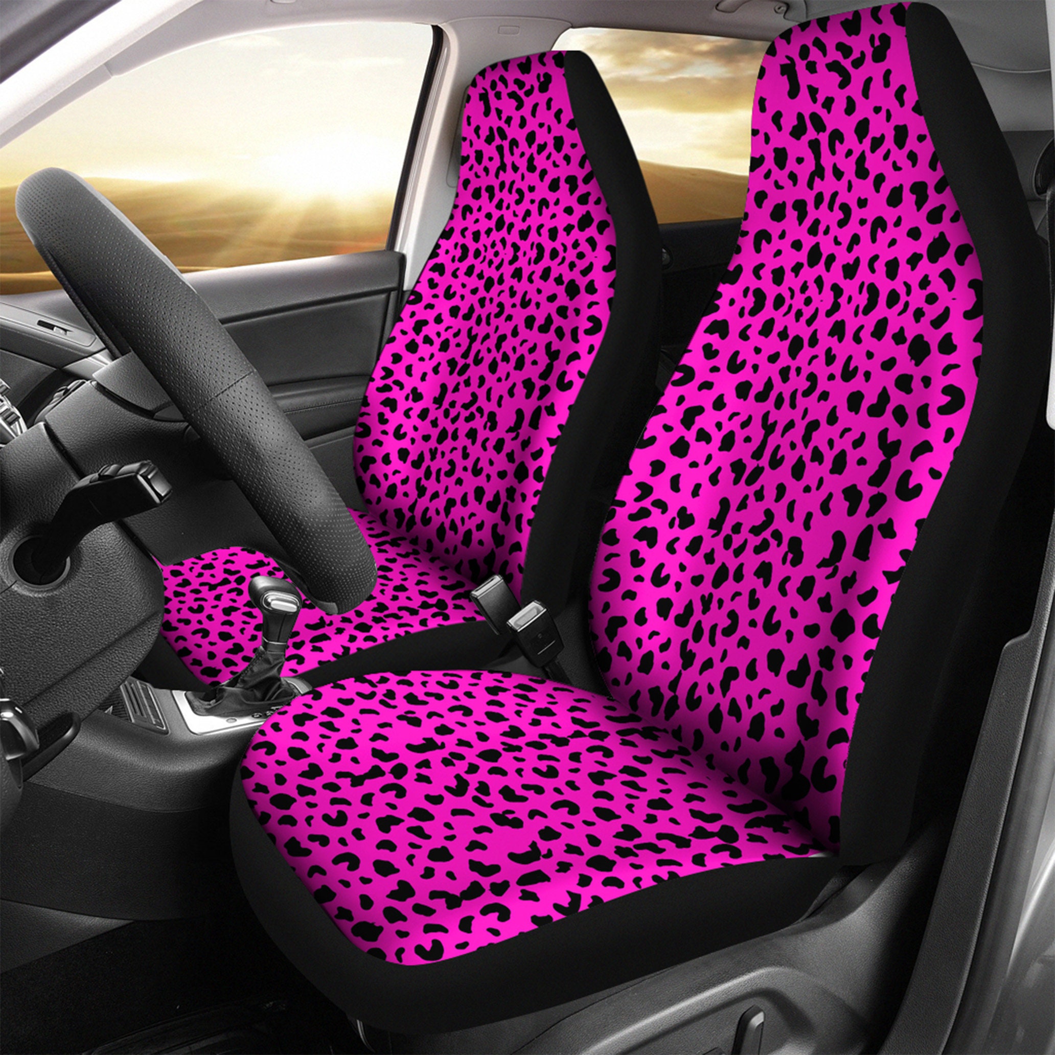 Leopard Autositzbezüge Komplettset mit Lenkradabdeckung 2  Sicherheitsgurtpolster, Gepardendruck Sitzbezüge für Autos für Frauen,  Airbag-kompatibel, universell