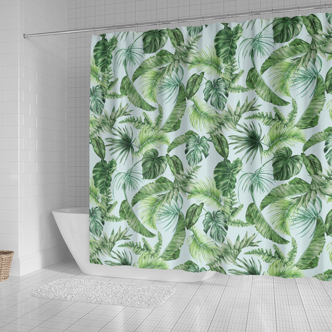 Tropical Jungle Shower Curtain, Bathroom Bath Green Leaves Botanical