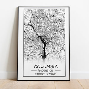 Washington DC-kaartmuurkunst, stadskaarten Columbia, housewarmingcadeaus