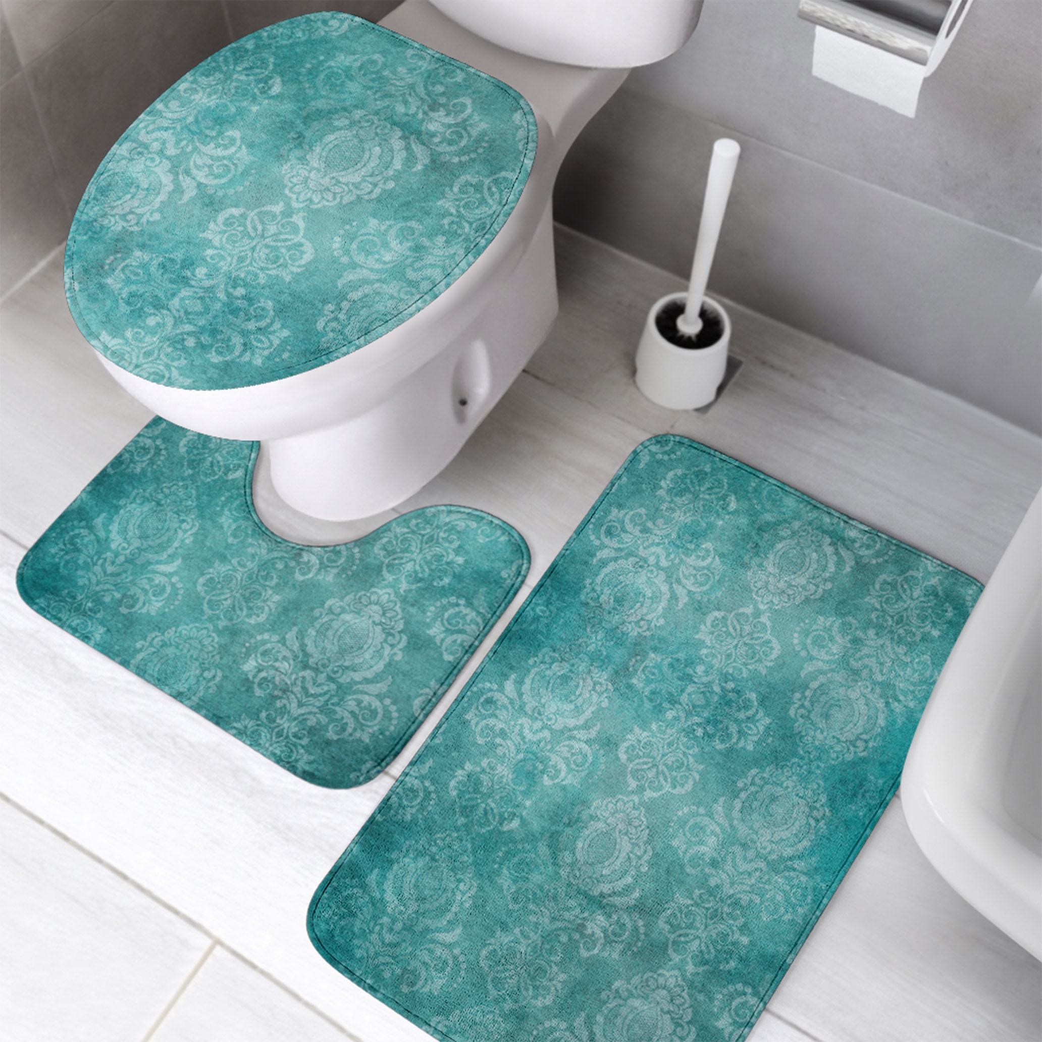 Aesthetic 70S Abstract Wavy Swirl Contour Mat and Toilet Lid Cover Sets,  Cute Sage Green Shower Mats Bath Rug, Aesthetic Retro Boho Minimal Bathroom
