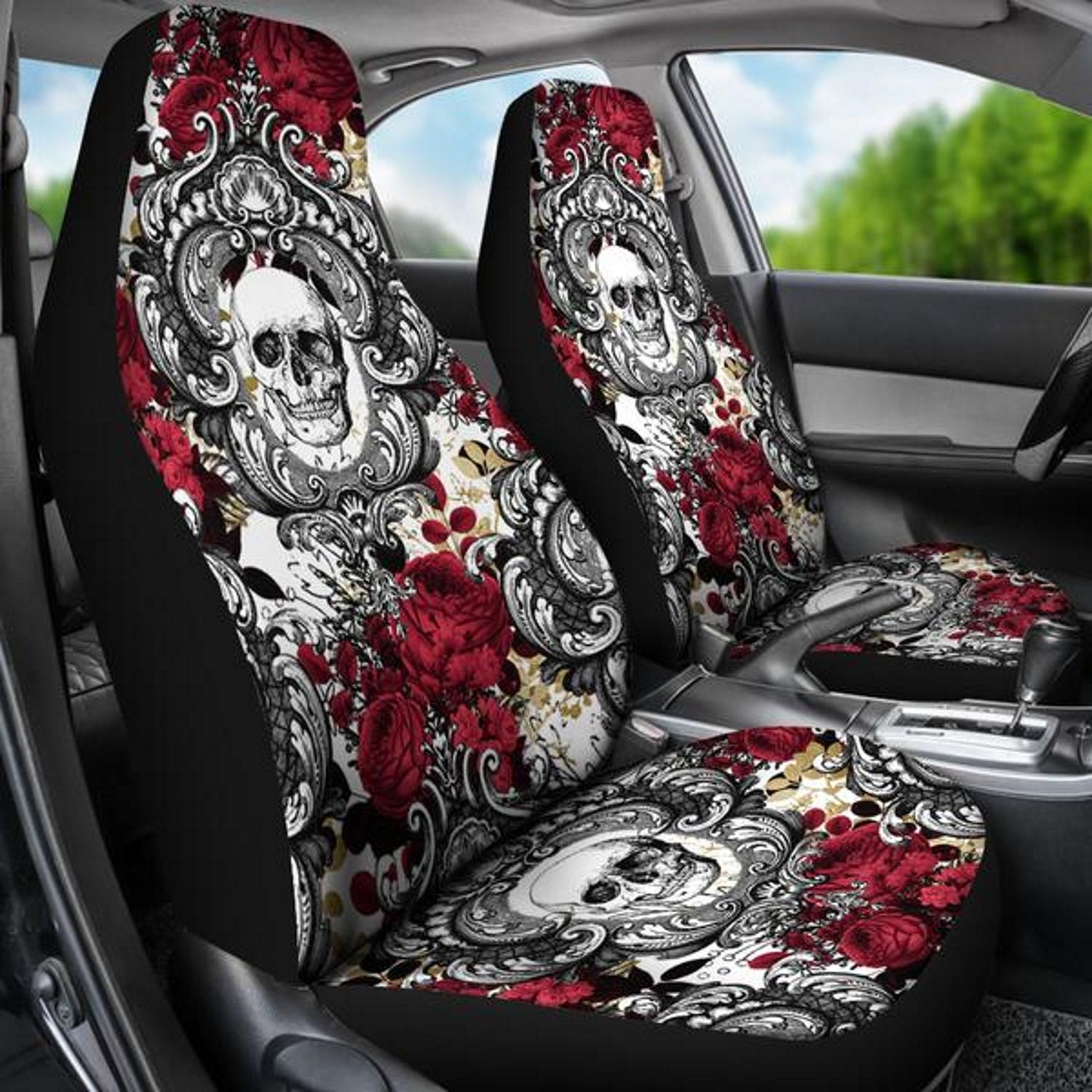 Gothic Skulls and Red Roses, Car Seat Covers, Car Accessories, Gift for
