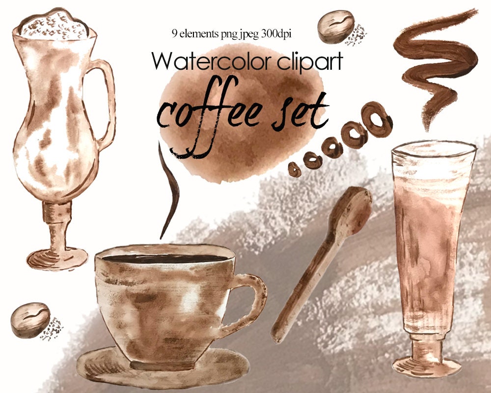 Download Watercolor Coffee Clipart Coffe Setfood Clip Art Coffee Etsy