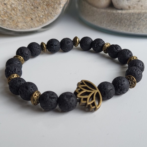 Bracelet Pierres de Lave Noires Fleurs de Lotus