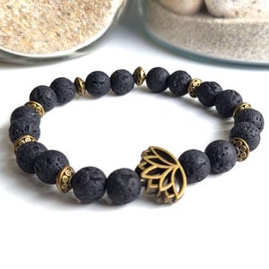 Bracelet Pierres de Lave Noires Fleurs de Lotus