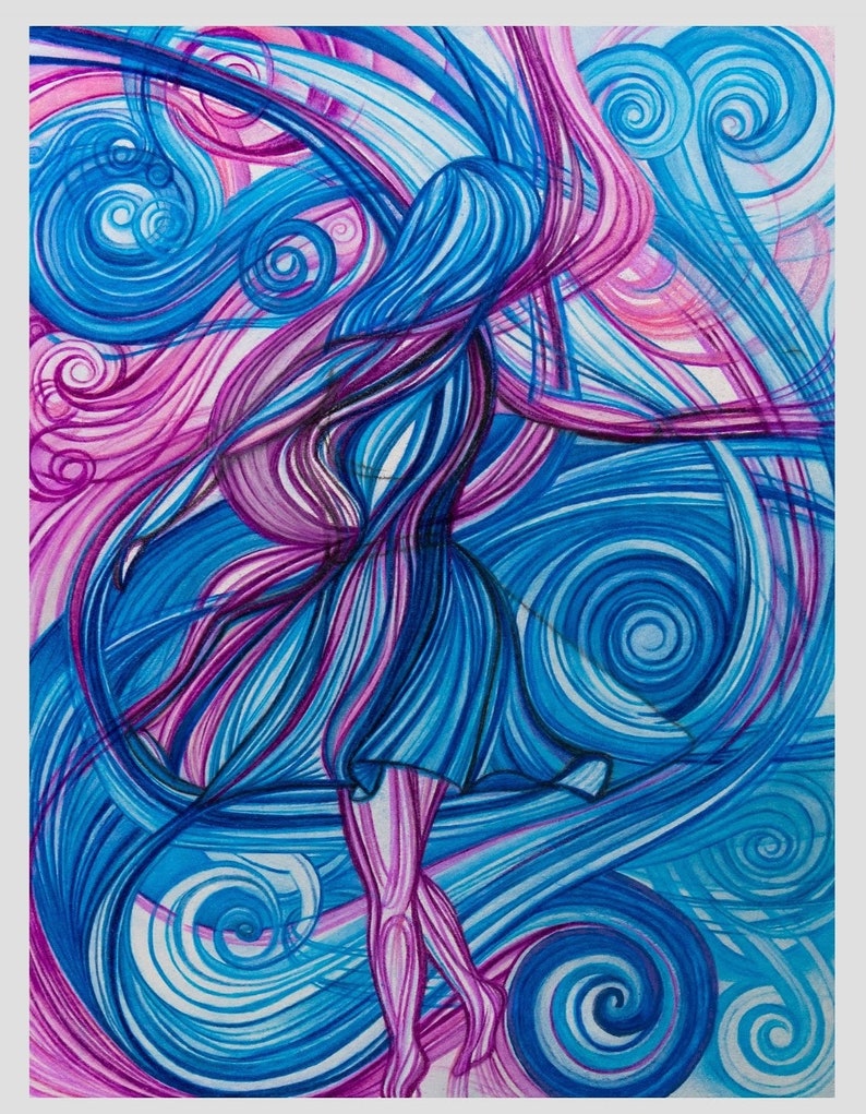 Flowing Dress Whimsical Woman Art Abstract Psychedelic Beautiful Girl Twirling Fun Unique Decor Playful Art image 2