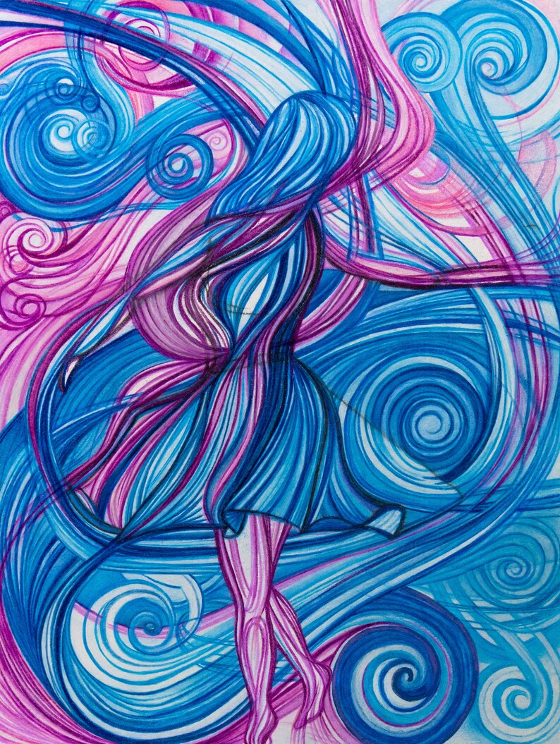 Flowing Dress Whimsical Woman Art Abstract Psychedelic Beautiful Girl Twirling Fun Unique Decor Playful Art image 1